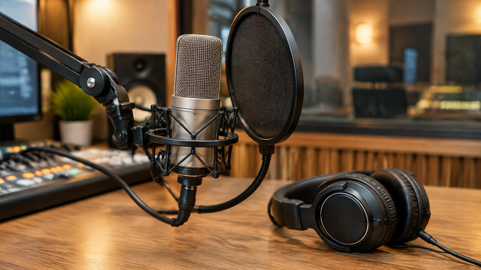 Studio microphone with pop filter and headphones on a desk
