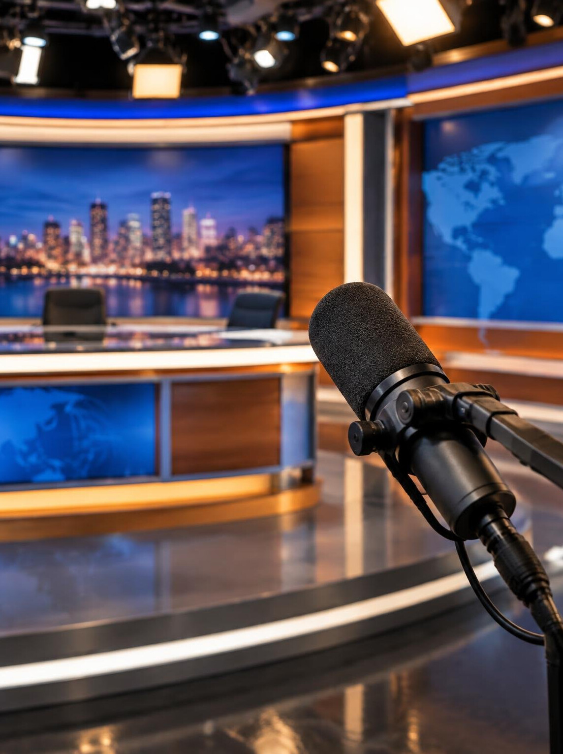 Empty television studio with broadcast microphone and warm lights